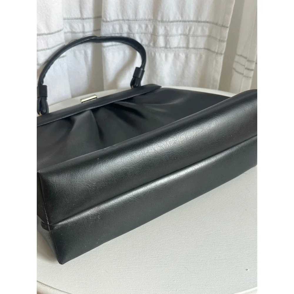 Vintage Black Faux Leather Top Handle Handbag Gold Frame Kiss Lock Mid Century